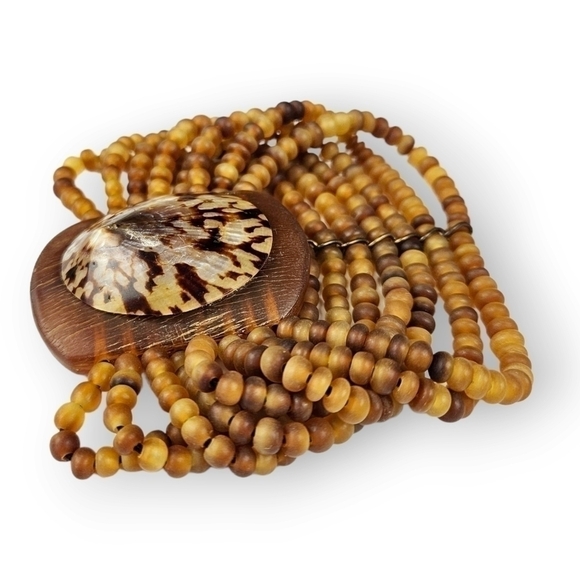 Genuine Seashell Stretch Bracelet Resin Brown Tan Bead Tropical Wide Multistrand - Picture 4 of 6